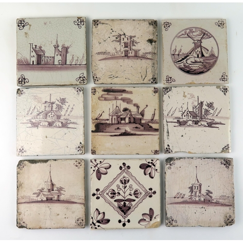 1347 - Nine assorted Dutch Delft and other manganese tiles, depicting windmills and topographical views, ea... 