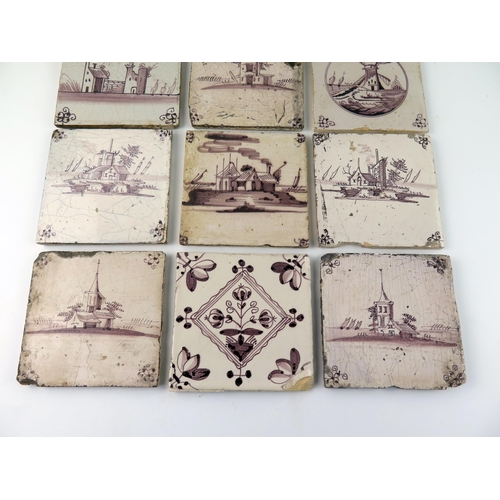 1347 - Nine assorted Dutch Delft and other manganese tiles, depicting windmills and topographical views, ea... 