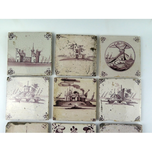 1347 - Nine assorted Dutch Delft and other manganese tiles, depicting windmills and topographical views, ea... 