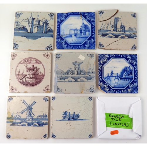 1348 - Nine assorted Dutch Delft blue and white and manganese tiles, depicting windmills and topographical ... 