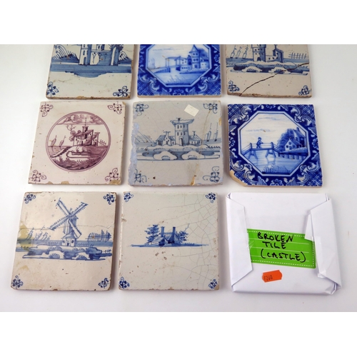 1348 - Nine assorted Dutch Delft blue and white and manganese tiles, depicting windmills and topographical ... 