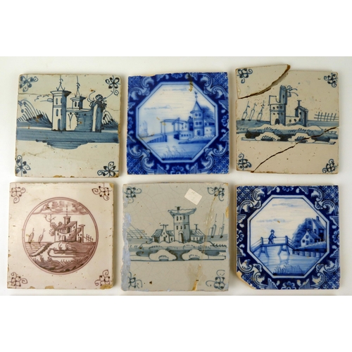 1348 - Nine assorted Dutch Delft blue and white and manganese tiles, depicting windmills and topographical ... 