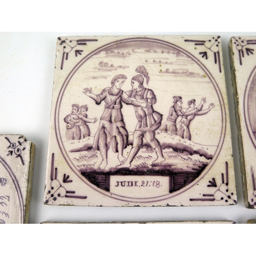 1349 - Five Dutch Delft manganese tiles depicting biblical scenes, each 13 x 13cm.