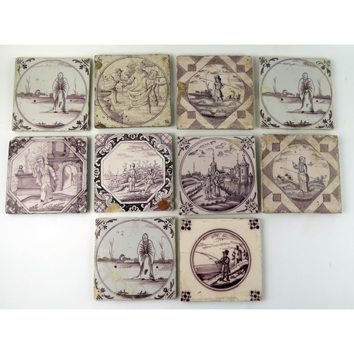 1350 - Ten Dutch Delft and other manganese tiles depicting topographical views, figures, and chinoiserie de... 