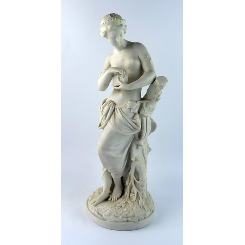 1356 - After A Carrier-Belleuse, a Minton Parian figure of Pandora, leaning on a tree stump and about to op... 