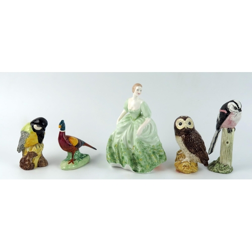 1383 - A Coalport figurine, three Beswick birds and a Mack pottery Long Tailed Tit. (5).