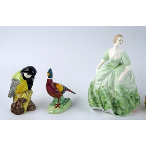 1383 - A Coalport figurine, three Beswick birds and a Mack pottery Long Tailed Tit. (5).