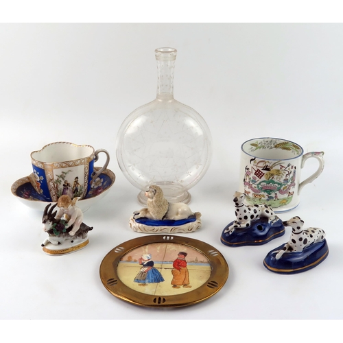 1400 - A continental porcelain cabinet cup and saucer, a pair of pottery Dalmatian dogs, 8cm long a similar... 