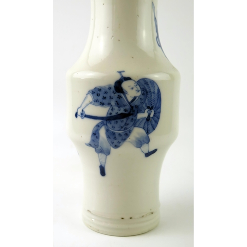 1416 - A Chinese blue and white vase of 'Gu' form, decorated with warriors and standard bearer, bears four ... 