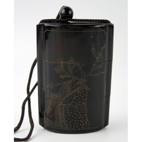 1427 - A Japanese black lacquered three-section inro, decorated with a bijin, amongst prunus blossom. 8cm l... 