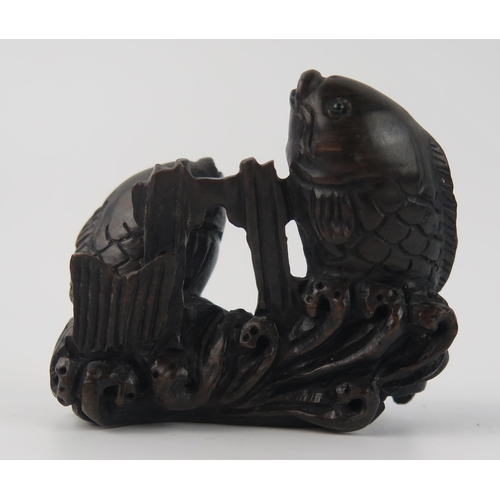 1432 - A Japanese carved and stained hardwood netsuke in the form of two leaping carp, unsigned, 5cm wide.