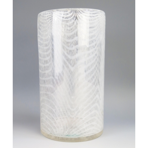 1482 - A clear glass and white variegated vase of cylindrical form, 25cm high.