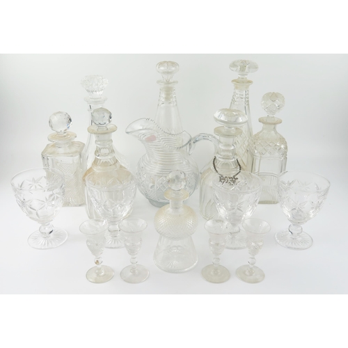 1485 - A collection of assorted cut glass wares, includes decanters, rummers, cordial jug, thistle-shaped t... 