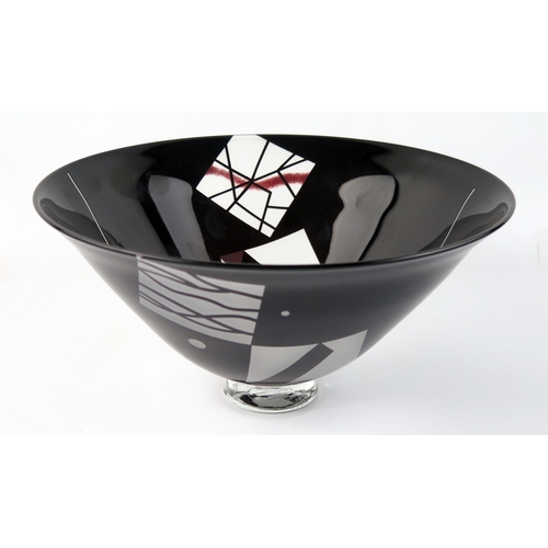 1487 - A Klas Goran deep ruby glass bowl, of flared form, with abstract designed opaque panels, 29.5cm diam... 