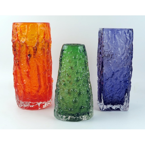 1490 - A Whitefriars orange glass vase of cylindrical outline, 23cm high, another possibly Whitefriars purp... 