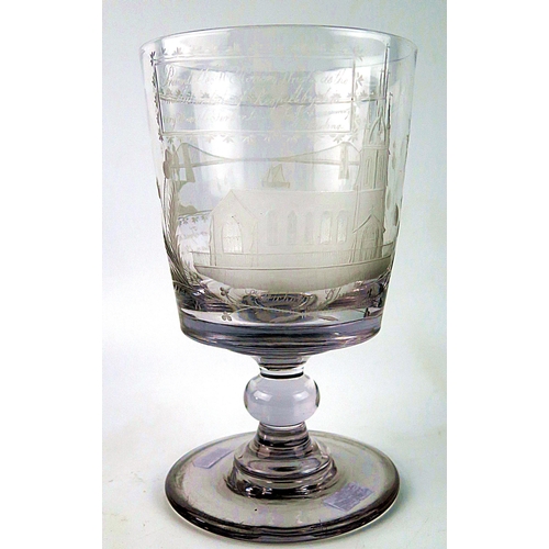 1492 - A 19th century large lead glass rummer, with etched decoration of the suspension bridge over the riv... 