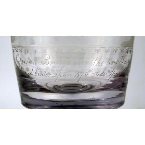 1492 - A 19th century large lead glass rummer, with etched decoration of the suspension bridge over the riv... 