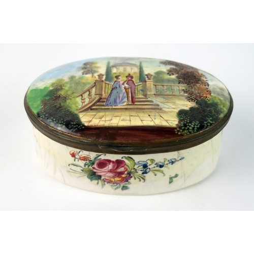 1572 - A 19th century Staffordshire enamel oval box, the hinged lid decorated with a view of an figures in ... 