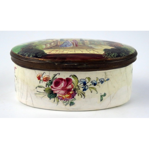 1572 - A 19th century Staffordshire enamel oval box, the hinged lid decorated with a view of an figures in ... 