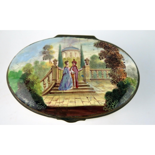 1572 - A 19th century Staffordshire enamel oval box, the hinged lid decorated with a view of an figures in ... 