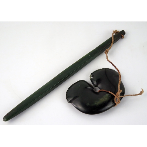 1577 - A Maori nephrite staff, of plain elongated form with pierced hole to one end, 27.5cm long, together ... 