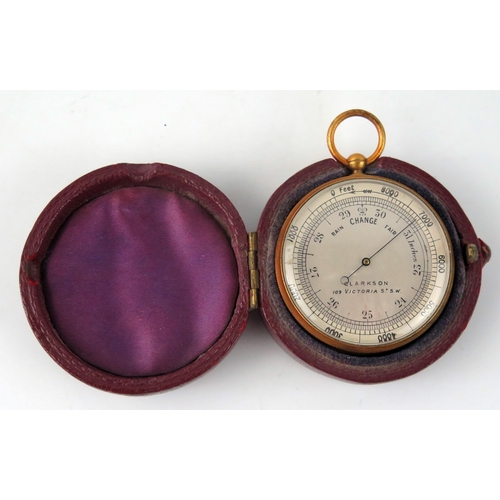 1579 - Clarkson, London, a gilt brass pocket barometer, with silvered dial, initialled and dated to the cas... 