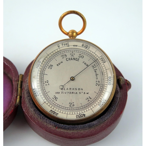 1579 - Clarkson, London, a gilt brass pocket barometer, with silvered dial, initialled and dated to the cas... 