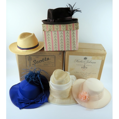 1628 - A collection of six ladies formal dress hats together with a straw  sun hat,