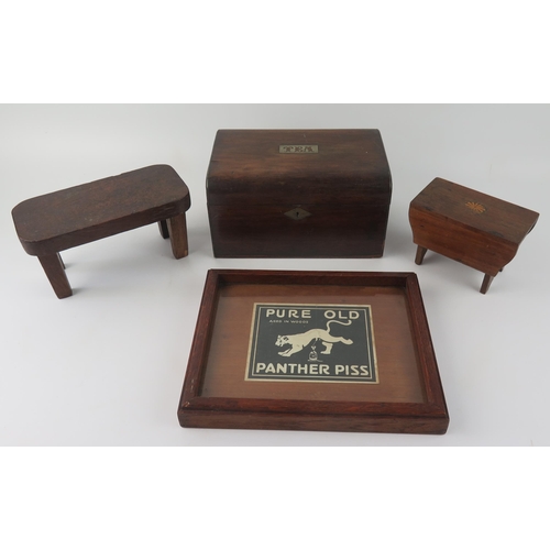 1653 - A Victorian rosewood two division tea caddy, two miniature pieces of furniture and a framed advertis... 