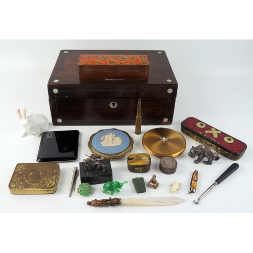 1654 - A Victorian rosewood and mother-of-pearl inlaid box containing assorted collectables including jaspe... 