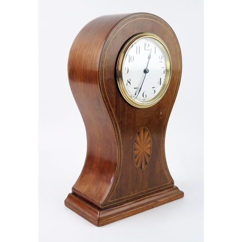 1658 - An Edwardian mahogany and inlaid balloon mantel timepiece, with 9cm Arabic dial, the circular moveme... 