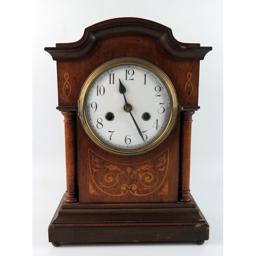 1661 - A late Victorian mahogany and inlaid mantel clock, with 13cm enamel Arabic dial, the movement striki... 