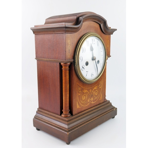 1661 - A late Victorian mahogany and inlaid mantel clock, with 13cm enamel Arabic dial, the movement striki... 