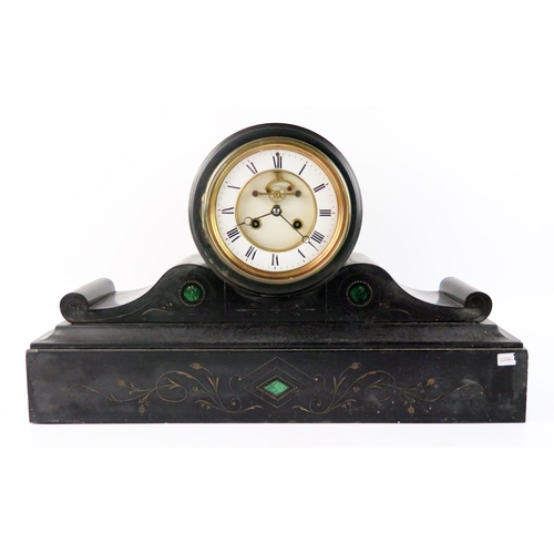 1663 - A late Victorian polished slate mantel clock, the drum-shaped case with 13cm enamel  Roman dial, wit... 