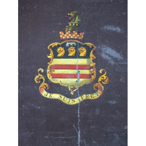 1675 - A mahogany panel decorated with a polychrome coat of arms, with motto 