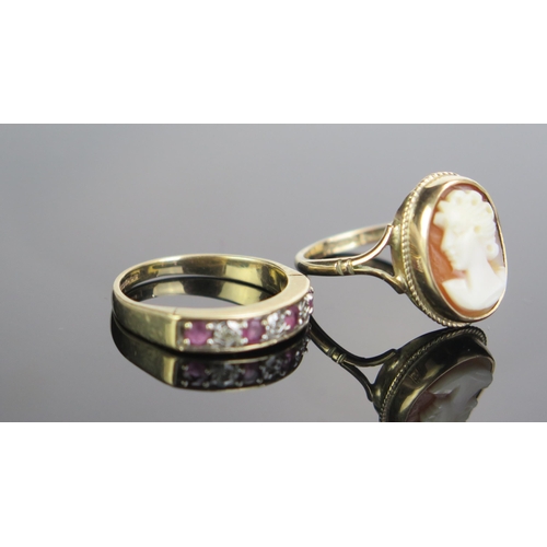 171 - A 9ct Gold, Ruby and Diamond Ring (size L.5, 2.1g) and a 9ct gold and shell cameo ring decorated wit... 