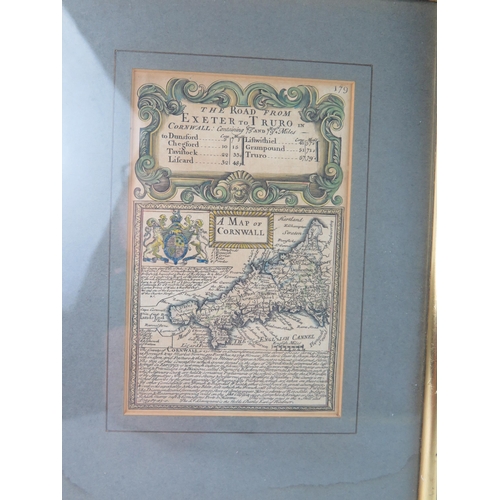 1711 - A hand coloured map of Cornwall from The Road From Exeter to Truro, 18x 11.5cm F&G, together with tw... 