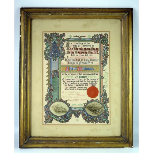 1728 - An Early 20th century illuminated long service certificate for the British Small Arms Co. 39 x 28cm ... 