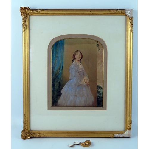 1735 - A Victorian overpainted photograph of a young woman in laced edged dress, and four South American bi... 