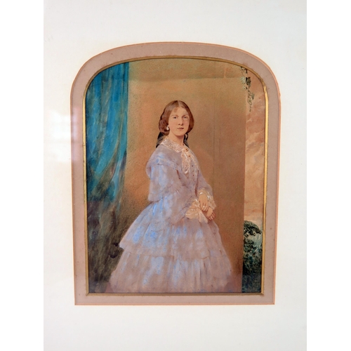 1735 - A Victorian overpainted photograph of a young woman in laced edged dress, and four South American bi... 