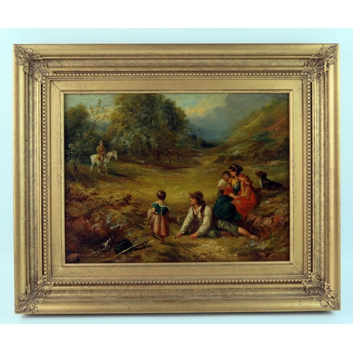 1755 - 19th century English School, figures in a woodland glade, oil on board, unsigned and undated.23 x 30... 