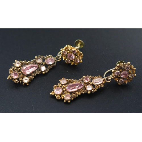 30 - A Pair of Victorian Gilt Filigree and Paste Screw Back Pendant Earrings, 44mm drop