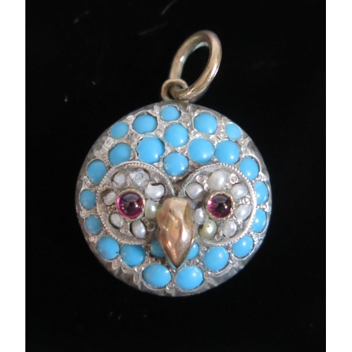 An Owl Pendant set with turquoise, pearl and cabochon pink stone in an unmarked precious yellow and white metal setting, c. 18mm diam., 5.8g
