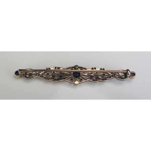 9 - An Antique Ceylon? Sapphire, untested Pearl and Diamond Bar Brooch, millegrain set in an unmarked pr... 