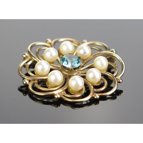 92 - A 9ct Gold and Blue Spinel? or Zircon? and untested Pearl Brooch, 30mm diam., 5.1g