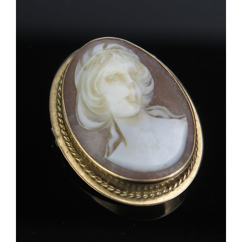 97 - A 9ct Gold Mounted Shell Cameo Brooch decorated with a female's bust, 35x28mm, 6.8g gross