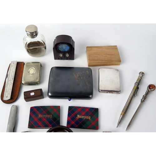 1633 - An Eversharp propelling pencil, clear glass and plate mounted miniature hip flask, vesta case, cigar... 