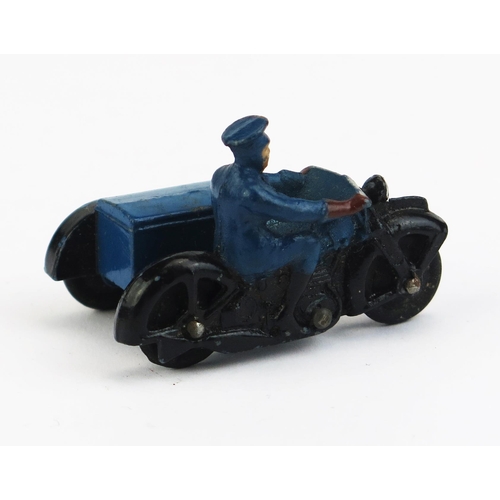 1132 - Dinky 43b RAC Motorcycle  - black motorcycle, blue tank, driver and sidecar, brown gloves, solid bla... 