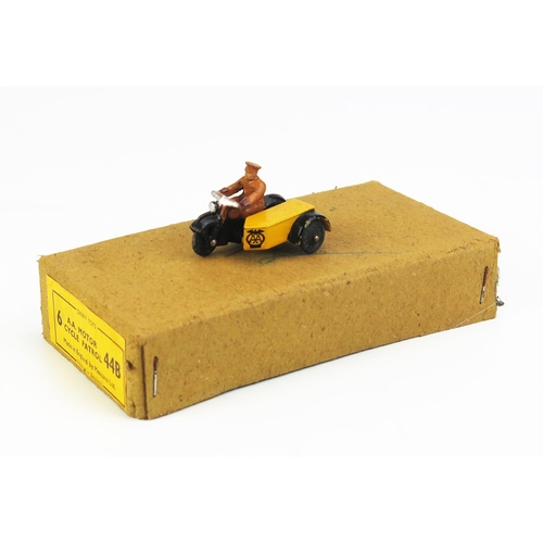 1133 - Dinky 44b AA Motorcycle Patrol - black motorcycle, yellow sidecar, tan driver, brown gloves - very g... 