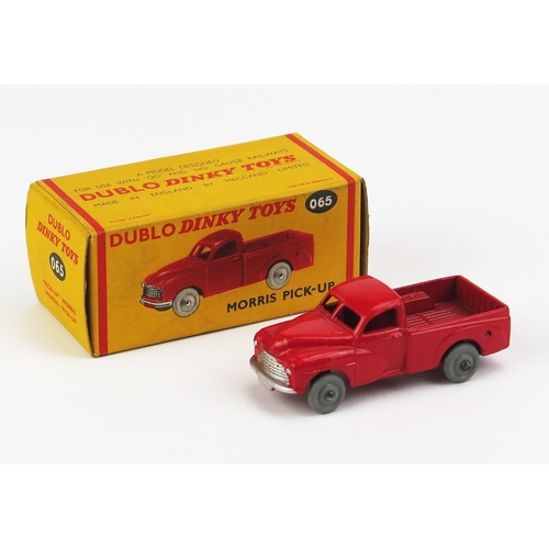 1148 - Dinky Dublo 065 Morris Pick-up - red, grey smooth solid plastic wheels - near mint in near mint yell... 